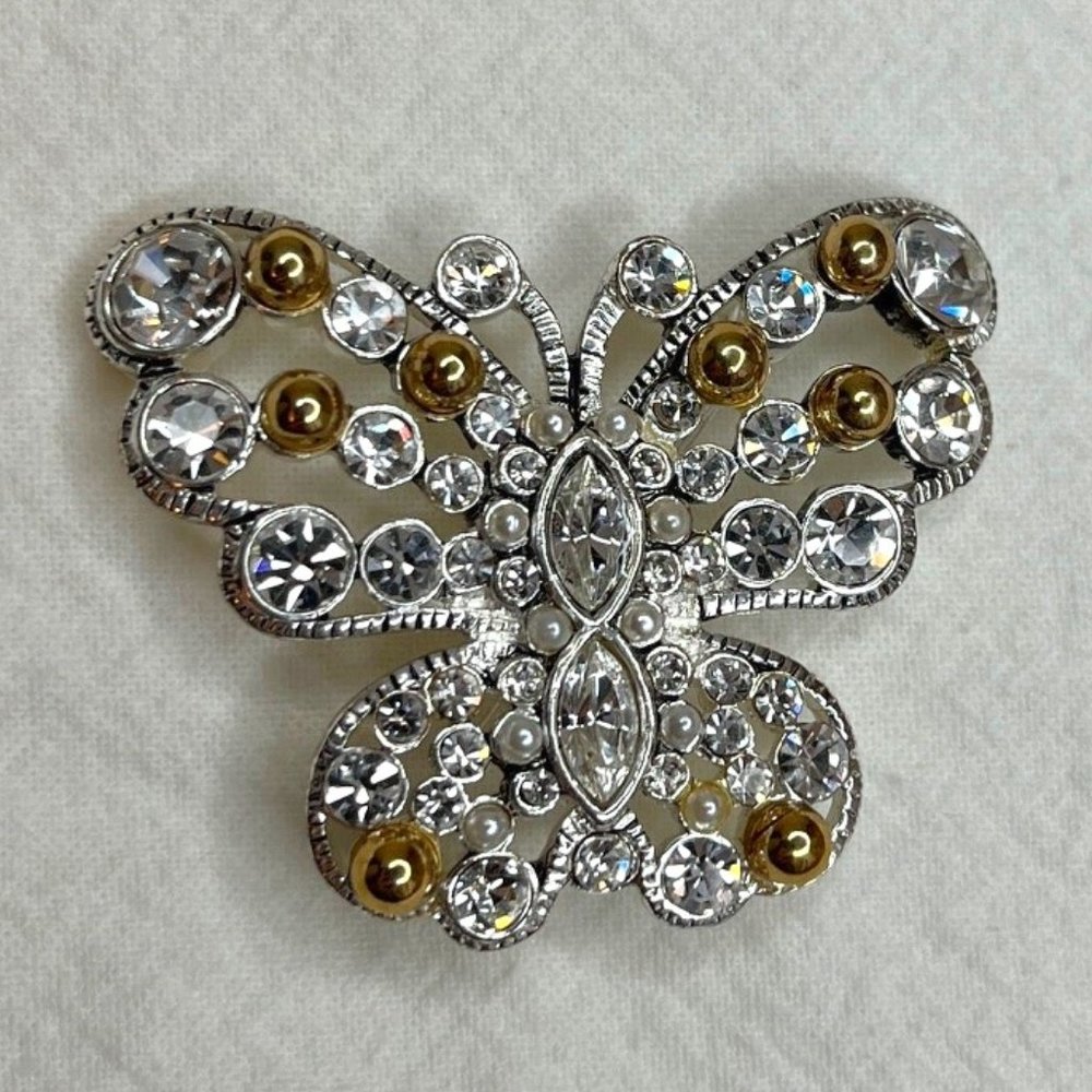 VTG Premier Designs Silver tone Butterfly Brooch with Rhinestones and Gold Beads